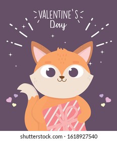 happy valentines day, cute fox with gift box hearts love dark background celebration vector illustration