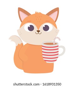 happy valentines day, cute fox with cup chocolate with candy cane love celebration vector illustration