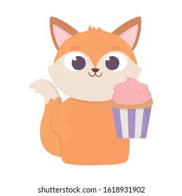 happy valentines day, cute fox with sweet cupcake love celebration vector illustration