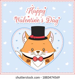 happy valentines day cute fox drawing post card with hearts