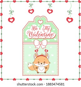 happy valentines day cute fox drawing post card with hearts