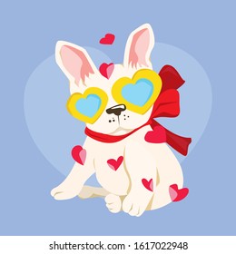 Happy Valentine's Day With Cute French Bulldog In Heart Glasses, Valentines Day Background With Puppy Bulldog, Valentine Card And Poster