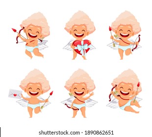 Happy Valentines day. Cute funny Cupid Angel, set of six poses. Smiling Amur baby cartoon character. Stock vector illustration