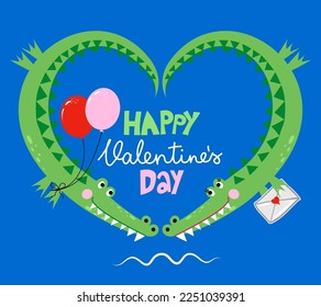 Happy Valentine's Day - Cute Funny hand drawn doodle with crocodile couple in love. Cartoon alligators. Good for Valentine's Day card. Vector hand drawn illustration.