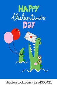 Happy Valentine's Day - Cute Funny hand drawn doodle with crocodile in love. Cartoon alligators. Good for Valentine's Day card. Vector hand drawn illustration.