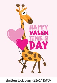 Happy Valentine's Day - cute giraffe with balloons. Good for greeting card, poster, mug, label, T shirt print.