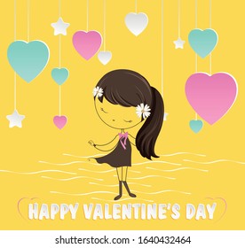 Happy valentine's day. Cute girl with hearts and flowers. 14 Fabruary.