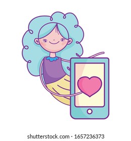 happy valentines day, cute girl with smartphone love romantic cartoon vector illustration