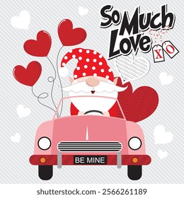 Happy valentine's day with cute gnome and hearts on the car