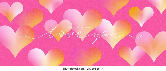 Happy Valentines day with cute gradient translucent hearts. The handwritten phrase love you. Horizontal banner with hearts, template for posters, promotional products and more. Vector illustration.