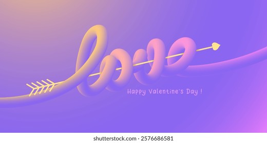 Happy Valentine's Day cute greeting card or banner template. Calligraphy lettering LOVE, 3d convex letters and cupids arrow flying through letters. Soft pastel purple background. Vector illustration 