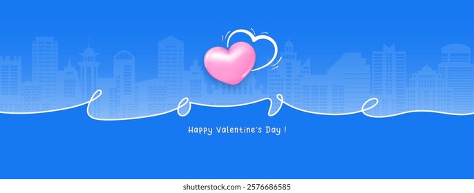 Happy Valentine's Day cute greeting card or banner template. Calligraphy lettering LOVE, couple of hearts - 3d convex heart and drawn in sketch style. Cityscape on background. Vector illustration 