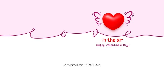 Happy Valentine's Day cute greeting card or banner template, Love in the air. Calligraphy lettering LOVE, 3d convex flying red heart with hand drawn in sketch style wings. Vector illustration