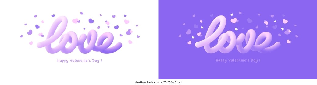 Happy Valentine's Day cute greeting card or banner template. Calligraphy lettering LOVE, 3d convex letters and many little hearts flying around. Soft pastel purple background. Vector illustration 