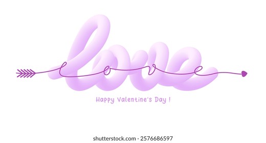 Happy Valentine's Day cute greeting card or banner template. Calligraphy lettering LOVE, 3d convex letters and line in form of arrow. Creative element for designs on love theme. Vector illustration 