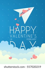 Happy Valentine's day cute greeting card. Paper airplane with small paper hearts and clouds on the blue retro background with dots. vector illustration