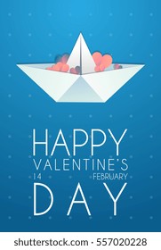 Happy Valentine's day cute greeting card. Paper airplane with small paper hearts and clouds on the blue retro background with dots. vector illustration