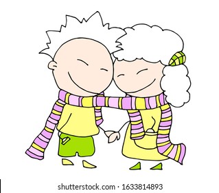 Happy Valentine's Day. Cute hand drawn Boy and Girl knitted with one scarf in a romantic mood l isolated on a hearts background. Vector illustration.	