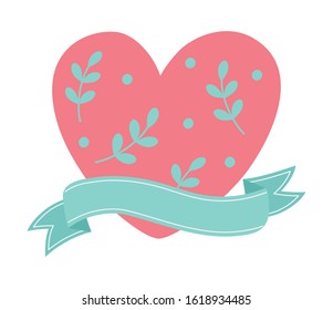 happy valentines day, cute heart with leaves love ribbon vector illustration