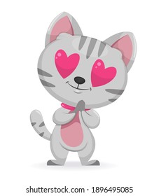 Happy Valentines day. Cute kitten cartoon character. Stock vector illustration