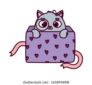 happy valentines day, cute little cat coming out of gift box hearts love vector illustration