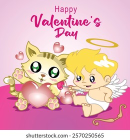 happy valentine's day with cute little cat and cupid