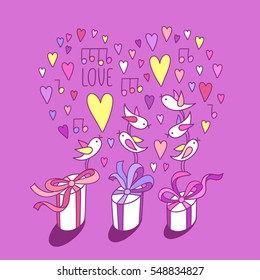 Happy valentines day. Cute little birds sing a love song. Cartoon hand drawn style. Set of gift boxes. Vector graphic elements isolated on lilac background. Perfect for greeting card, poster design.