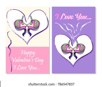 Happy Valentine's Day tasar?m?. Cute magical unicorns with love.Hand drawn design.