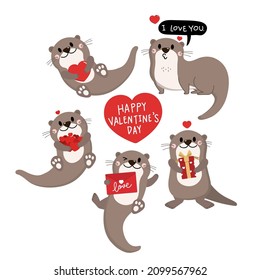 Happy Valentine's Day with cute otter and red hearts. Animal in love holidays cartoon character. -Vector