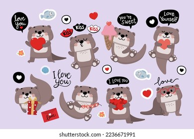 Happy Valentine's Day with cute otter, gift and red hearts. Animal in love holidays cartoon character. -Vector