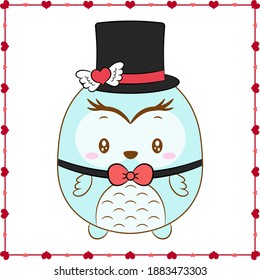 happy valentines day cute owl drawing post card with hearts