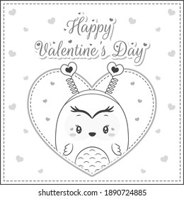 happy valentines day cute owl drawing post card big heart sketch for coloring