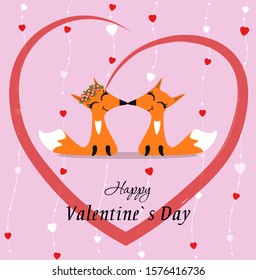 Happy Valentine's Day. A cute pair of foxes. Loving foxes on a pink background among hearts. Vector illustration for greeting card, valentine.