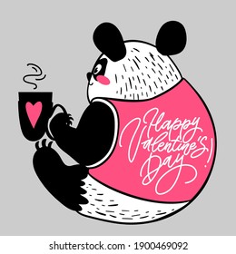 Happy Valentines day cute panda with coffee in flat and hand drawn styles. Vector illustration for Valentines day, greeting cards, posters, digital and social media.