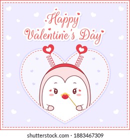 happy valentines day cute penguin drawing with hearts