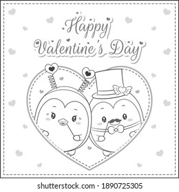 happy valentines day cute penguin drawing post card big heart sketch for coloring