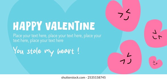 Happy Valentine's Day with cute pink heart character, facial expressions in blue background for sale, advertising, brochures, postcard, greeting card, flyer, banners, social media. vector illustration