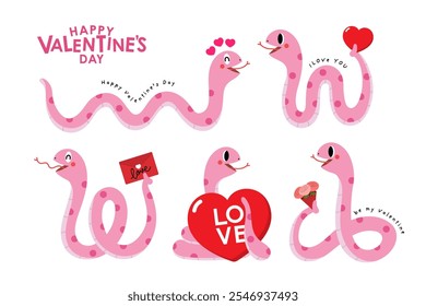 Feliz día de San Valentín con linda serpiente rosa y corazones rojos. Personaje de dibujos animados de animales en vacaciones. -Vector