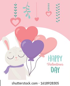 happy valentines day, cute rabbit with balloons shaped hearts love celebration vector illustration