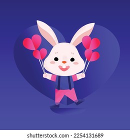 Happy Valentine's Day. Cute rabbit smiling with pink hearts in hands on blue background.