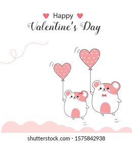 happy valentine's day and cute rats couple holding balloons in the sky with sweet color and heart.cartoon hand drawn.