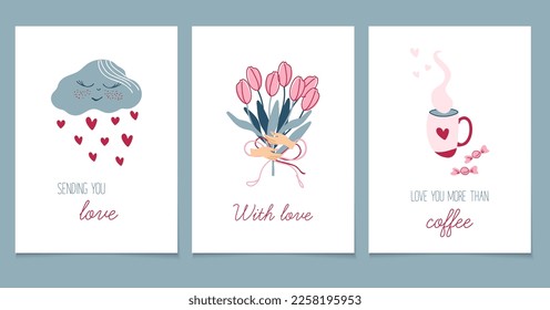 Happy Valentine's Day. Cute romantic card templates. Flat style vector illustrations. Love theme.