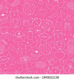 Happy Valentine's Day. Cute seamless pattern of vector hand drawn elements, bright pink and white. For gift bags, wrapping paper, postcards, cards, posters, background, fabric.