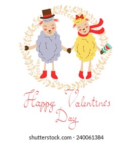 Happy valentines day with cute sheeps couple. vector illustration