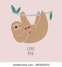 Happy valentine's day with cute sloth. Love you - vector card