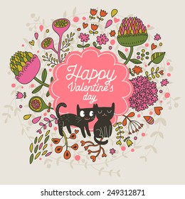 Happy Valentines day. Cute small kittens in clover flowers - bright childish background in vector