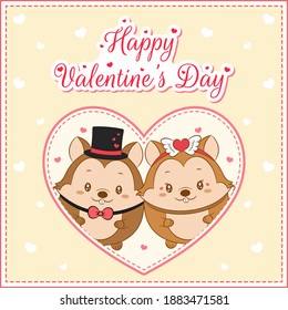 happy valentines day cute squirrel drawing post card with hearts