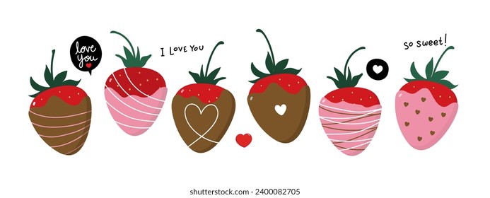 Happy Valentine's Day with cute sweet desserts. Red strawberry with milk chocolate. -Vector