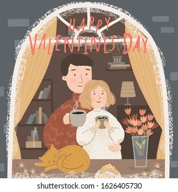 Happy Valentine's Day! Cute vector illustration of a couple in love by the window of a house on a festive spring day. Drawing for card, postcard or poster.