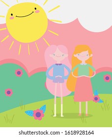 happy valentines day, cute young girls field flowers sun cartoon vector illustration